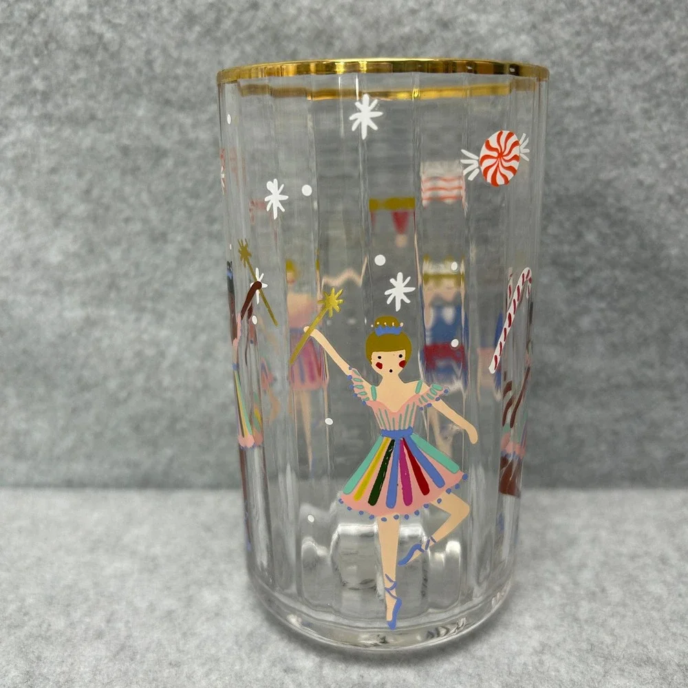 Rifle Paper Co for Anthropologie Nutcracker Juice Glass Set of 4 Gold Rim Fluted